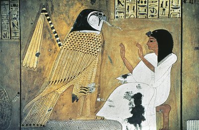 Väggmålning av scen från Book of the Dead, förvandling till Golden Falcon av Egyptian 20th Dynasty