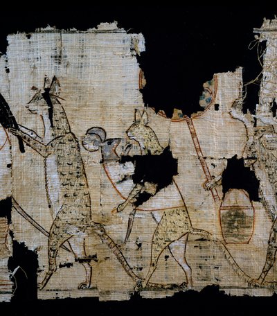 Papyrus föreställande satirisk scen, ca 1100 f.Kr., med anor från Ramses IX:s regeringstid, detalj, egyptisk civilisation, Nya kungariket, dynasti XX av Egyptian 20th Dynasty