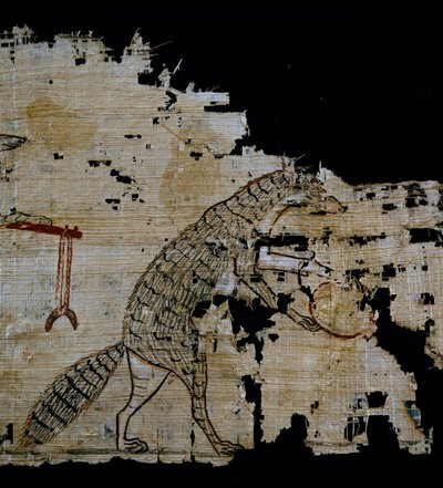 Papyrus föreställande satirisk scen, ca 1100 f.Kr., med anor från Ramses IX:s regeringstid, detalj, egyptisk civilisation, Nya kungariket, dynasti XX av Egyptian 20th Dynasty