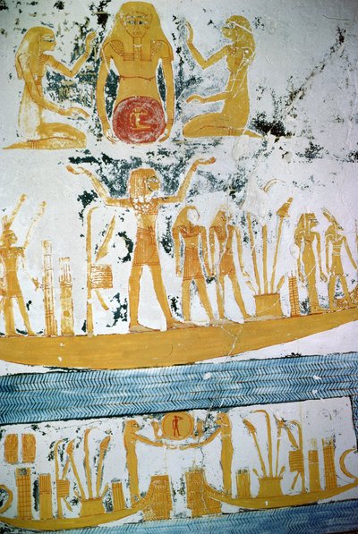 Re in the Night Boat, från Ramses VIs grav, New Kingdom (ca 1145-1137 f.Kr.) (väggmålning) av Egyptian 20th Dynasty