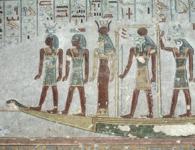 Relief föreställande Khnum i en begravningsbark som passerar genom underjorden, från Ramses III:s grav (ca 1184-1153 f.Kr.) New Kingdom (målad kalksten) av Egyptian 20th Dynasty