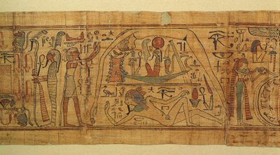 Bok med mytologiska bilder av Nespakachuty, separationen av himmel och jord med solbåten av Egyptian 21st Dynasty