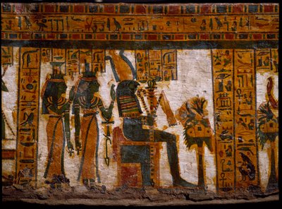 Egyptisk antikvitet: gudomligheterna Isis och Nephtys som dyrkar Osiris. De håller livets nycklar i form av ett kors ansee (Ankh). Dekoration av den antropoida sarkofagen av skrivaren Butehamon, 21:a dynastin (1085-935 f.Kr.). Egyptens museum i Turin (Tori av Egyptian 21st Dynasty