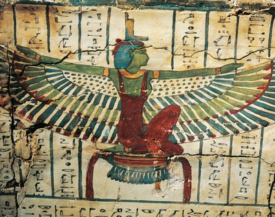 Målat, lackat trä, föreställande gudinnan Isis med utbredda vingar, på Sarkofagen av Cesraperet från Västra Thebe av Egyptian 25th Dynasty