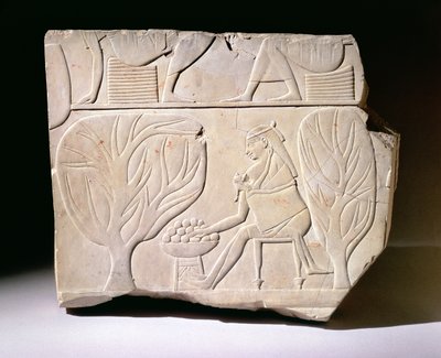 Relief av en kvinna med barn som sträcker sig efter ett platanfikon, från Montuemhats grav, västra Thebe, sen period av Egyptian 25th Dynasty