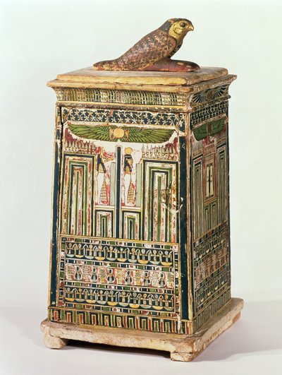 Canopic burklåda, från Saqqara, sen period (polykromt och förgyllt trä) av Egyptian 26th Dynasty