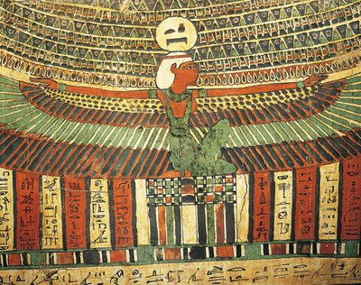 Gipsat och målat trä som föreställer gudinnan Nötskyddande falsk dörr som leder till livet efter detta, från Sarcophagus of Tashakheper, Thebe av Egyptian 26th Dynasty