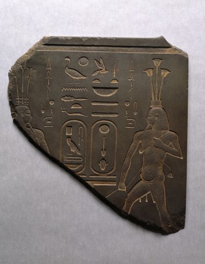 Nilguden Hapi rituellt binder samman Övre och Nedre Egypten, 663-525 f.Kr. (skifferskiffer) av Egyptian 26th Dynasty