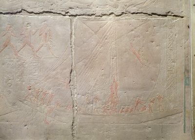 Relief som visar en båtresa, från Mastaba i Akhethotep, Gamla kungariket, ca 2400 f.Kr. (målad kalksten) av Egyptian 5th Dynasty
