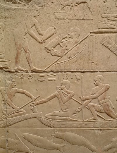 Relief som visar en man som sköter en nyfödd gris och män i papyrusbåtar, från Mastaba i Kagemni, Gamla kungariket (målad kalksten) av Egyptian 6th Dynasty