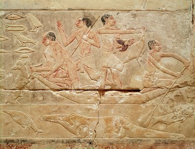 Relief föreställande män i en båt, från prinsessan Iduts grav, Gamla kungariket, ca 2330 f.Kr. (målad kalksten) av Egyptian 6th Dynasty