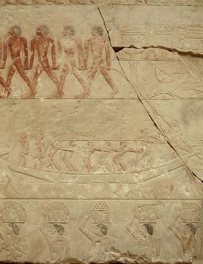 Bogsering av en båt, från Mastaba of Mereruka, Old Kingdom (målad kalksten) av Egyptian 6th Dynasty