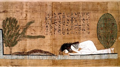 Egyptisk antikvitet: en nedlagd representant som dyrkar krokodilen, symbol för fecondite. Papyrus från en dödsbok. Kairo, Egyptiska museet - Forntida Egypten: en avliden som dyrkar krokodilen, symbol för fertilitet. Papyrus av de döda boken. av Egyptian Egyptian