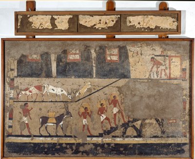 Egyptisk antikvitet: transport av vete på ryggen av mulor och på ryggen av män. Detrempe på lera och halm från graven till generalen och kung Itis grav i El Ghebelen nära Luxor. 2200-2000 f.Kr. Turin, egyptiskt museum av Egyptian Egyptian
