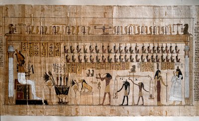 Egyptisk antikvitet: vägning av själar (psykostas). Papyrus av en dödbok. Turin, Egyptiska museet - Forntida Egypten: vägningen av själarna (psykostasi). Papyrus från dödboken. Egyptiska museet, Turin, Italien av Egyptian Egyptian
