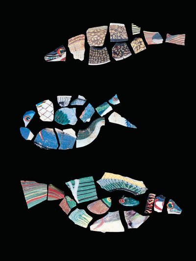 Tre fragmentariska fiskinläggningar av mosaik, ptolemaisk-romersk tid, ca 1:a århundradet f.Kr. - 1:a århundradet e.Kr. (glas) av Egyptian Egyptian