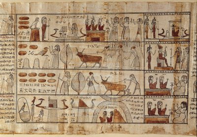 Egyptisk antikvitet: Elyseesfälten. Målning på papyrus från dödboken. Ptolemaiska perioden Turin, egyptiskt museum - Forntida Egypten: de elysiska fälten. Målning på papyrus från dödboken. Ptolemaisk period. Egyptiska museet, Turin, It av Egyptian Ptolemaic Period