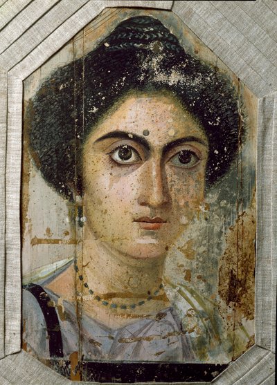 Egyptisk antikvitet: begravningsporträtt av en kvinna. Måla på trä. Slutet av 2:a århundradet. Från Fayum (Fayum) i Egypten. Florens, museo archeologico av Egyptian School