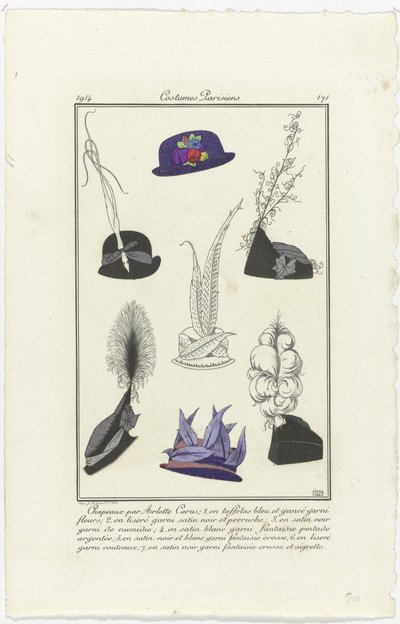 Tillbehör Journal des Dames et des Modes, Costumes Parisiens, 1914, nr 171: Hattar av Arlett (...) av Eiger