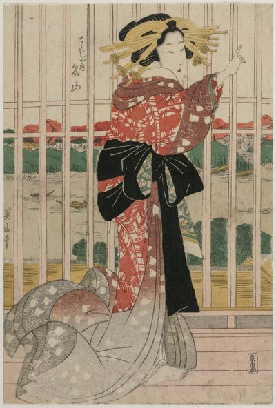 Courtesan Meizan från Chojiya på en balkong med utsikt över Sumidafloden, i början av eller mitten av 1820-talet. av Kikugawa Eizan