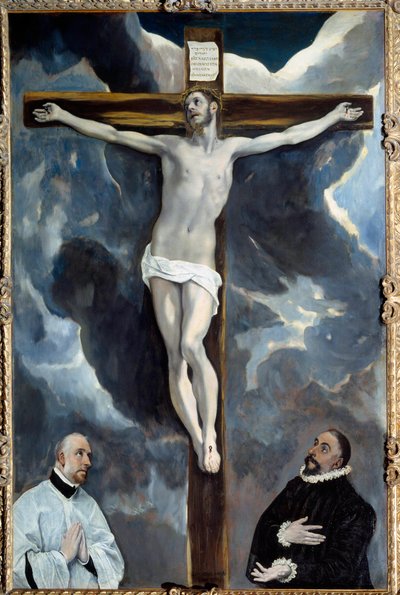 Kristus på korset tillber av båda donatorerna Målning av Theotokopoulos Domenico dit El Greco (1541-1614) 1576 Sön. 2,6x1,71 m av El Greco