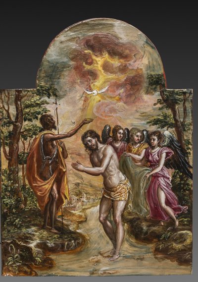 Bärbart altare: höger dörrpanel föreställande Kristi dop, detalj av 2384586 (tempera grassa på panel) av El Greco