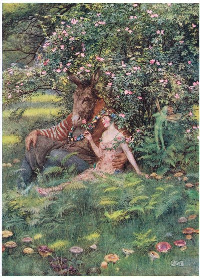 Bottom och Titania: "Kom och sätt dig ner på den här blomsterbädden" (litho) av Eleanor Fortescue Brickdale