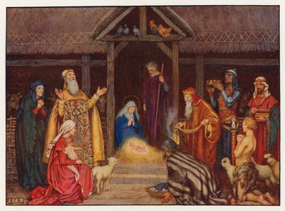 Carols: The Nativity (färg litho) av Eleanor Fortescue Brickdale