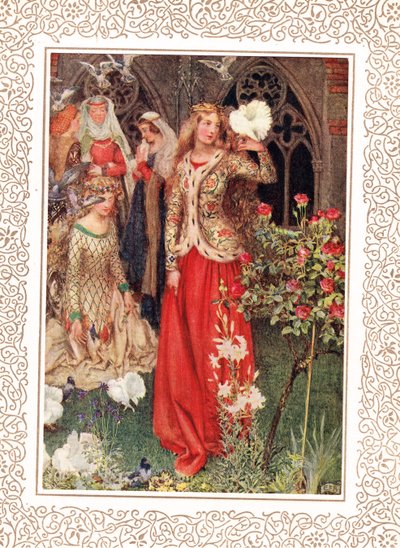 Guinevere och hennes damer i de gyllene dagarna, illustration från "Idylls of the King" av Alfred Tennyson (1809-92), publicerad av Hodder & Stoughton av Eleanor Fortescue Brickdale