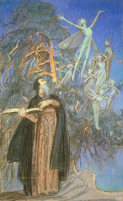 Prospero och Ariel, en studie för en förlorad bild beställd för Broadcasting House, London, ca 1931 (pastell på papper) av Eleanor Fortescue Brickdale