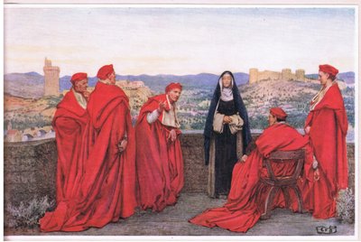 Den heliga Katarina av Sienna förhandlar med påven Gregorius XI på florentinernas vägnar (litho) av Eleanor Fortescue Brickdale
