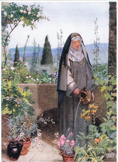St Clare i trädgården till klostret hon grundade (litho) av Eleanor Fortescue Brickdale