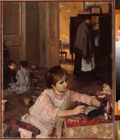 Barnrum (Barn leker med sina leksaker, medan en hembiträde ordnar tvätt i skåpet) - Barnrum - Målning av Elena Dmitryevna Polenova (1850-1898), olja på duk av Elena Polenova