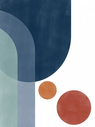 Geometrisk abstrakt målning i blått och orange av Elena Ristova