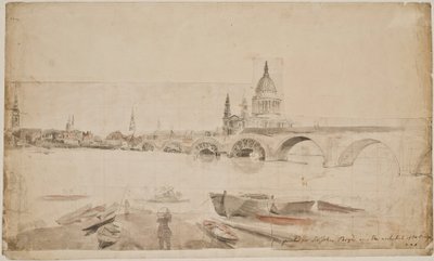 London Bridge och S:t Paul sedda från sidan av Themsens strand av Elias Martin
