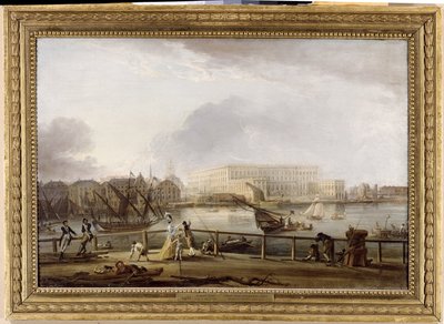 Vy över Stockholms slott från Skeppsholmsbron av Elias Martin