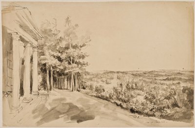 Utsikt över Bacchustemplet och det gotiska templet i bakgrunden vid Painshill av Elias Martin