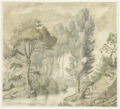 Skogslandskap med en kulle till höger och vatten i mitten av Elias van Nijmegen