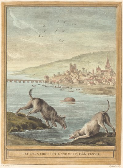 Två hundar och den döda åsnan av Elie du Mesnil after Jean Baptiste Oudry