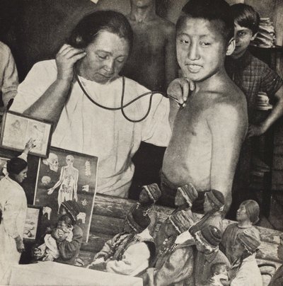 Medicin i Sovjetunionen. Illustration från USSR Builds Socialism, 1933. av Eliezer Markowich Lissitzky