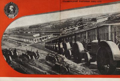 Traktorfabriken i Stalingrad. Illustration från USSR Builds Socialism, 1933. av Eliezer Markowich Lissitzky