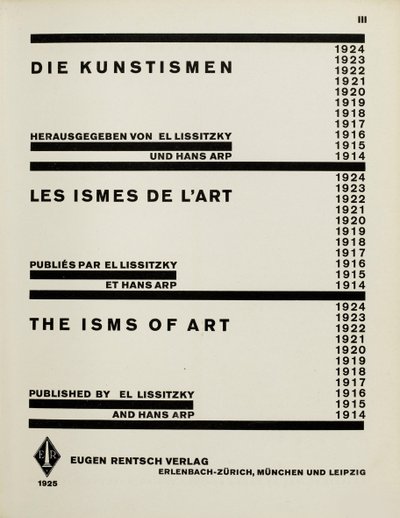 Titelsida: Konstnärerna. The Isms of Art av El Lissitzky och Hans Arp, 1925. av Eliezer Markowich Lissitzky