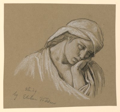 Teckning, Porträtt av en kostymklädd figur, ca 1885 av Elihu Vedder