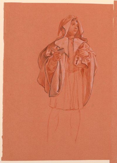 Teckning, studie av en figur i huvdräkt, ca 1885 av Elihu Vedder