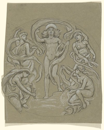 Studie för Center Circle of Huntington Ceiling: Apollo and Attendants av Elihu Vedder