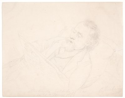 Porträttstudie av J. A. Jerichau liggandes på en soffa och läser en tidning av Elisabeth Jerichau Baumann