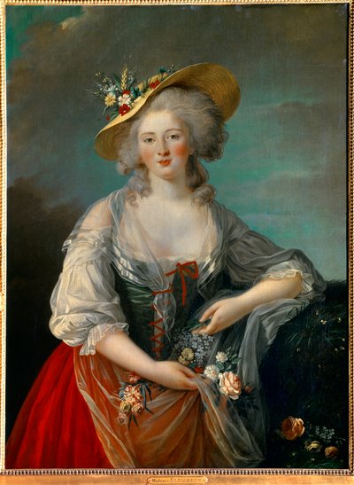 Porträtt av Elisabeth Philippine Marie Helene av Frankrike känd som Madame Elisabeth (1764-1794), syster till Ludvig XVI representerad 1782, i en landsdräkt med blommor Målning av Marie Elisabeth Louise Vigee Le brun (eller Vigee-Lebrun eller Vigee Lebru av Elisabeth Louise Vigee Lebrun