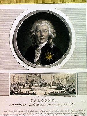 Charles Alexandre de Calonne (1734-1802) generalkontrollant av Ludvig XVI:s (1754-93) finanser graverad av Charles Levachez (fl.1760-1820) och The Assembly of the Notables, av Jean Duplesi Bertau av Elisabeth Louise after Vigee Lebrun