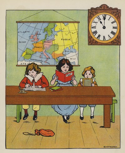 Lektionstid (färg litho) av Elise H. Stewart