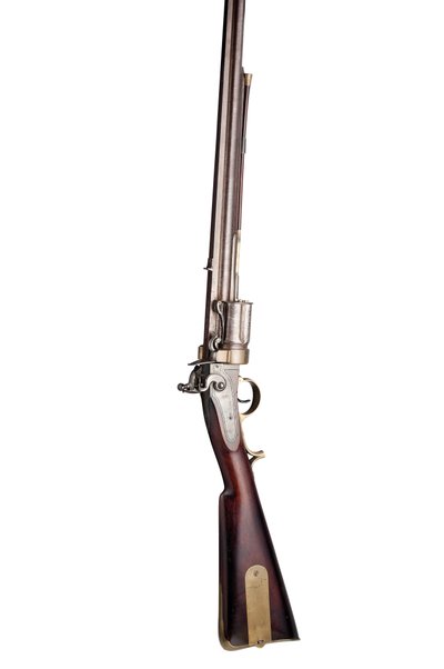 28-håls Collier patent femskott handroterat flintlås roterande gevär av militär typ, c.1819-20 (trä, stål och mässing) av Elisha Haydon Collier